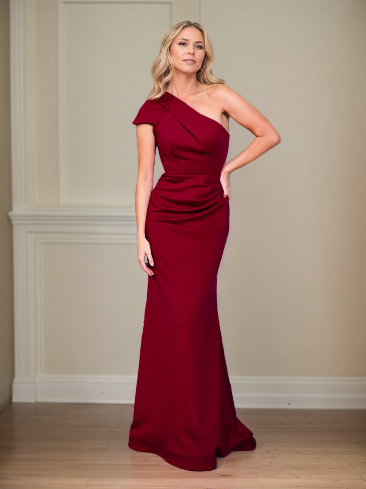 Satin Sheath/Column One Shoulder Short Sleeves Floor Length Mother of the Bride Dresses