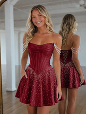 Strapless Pearl Draped Corset A-Line Short Homecoming Dresses