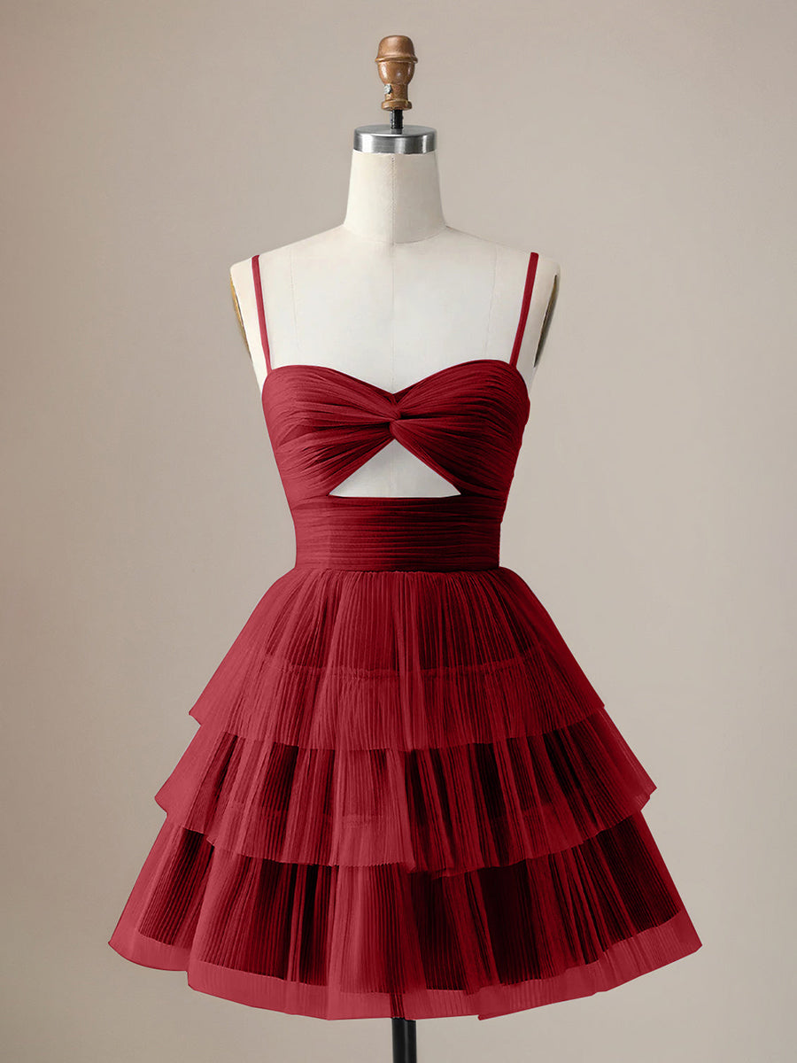 A Line Spaghetti Straps Short Tiered Homecoming Dress with Hollow Out