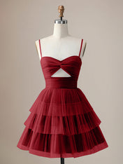 A Line Spaghetti Straps Short Tiered Homecoming Dress with Hollow Out