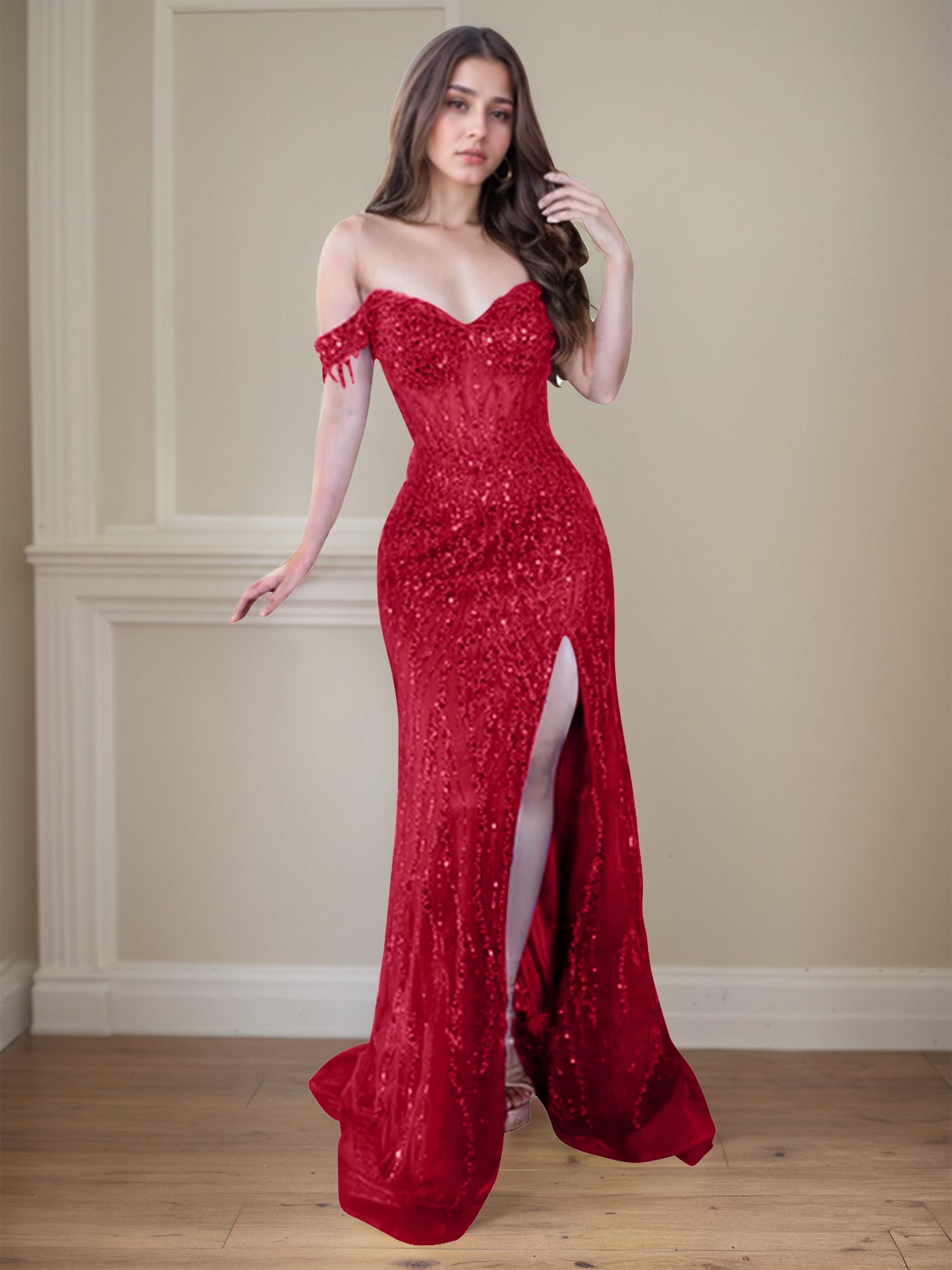 Red Off-the-Shoulder Beaded Tulle Long Prom Dress with Swirling Sequins