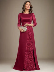 A-Line Scoop Floor-Length Lace Satin Mother Of the Bride Dress With Applique