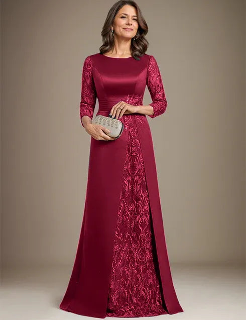 Robe de mère de la mariée en satin et dentelle, coupe trapèze, longueur au sol, avec appliques 