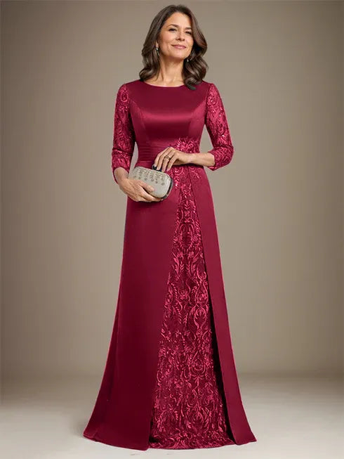 Robe de mère de la mariée en satin et dentelle, coupe trapèze, longueur au sol, avec appliques 