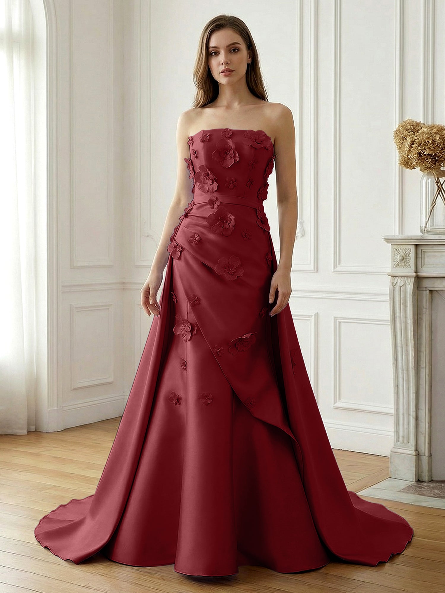 Lavender Satin 3D Floral Strapless A-Line Gown