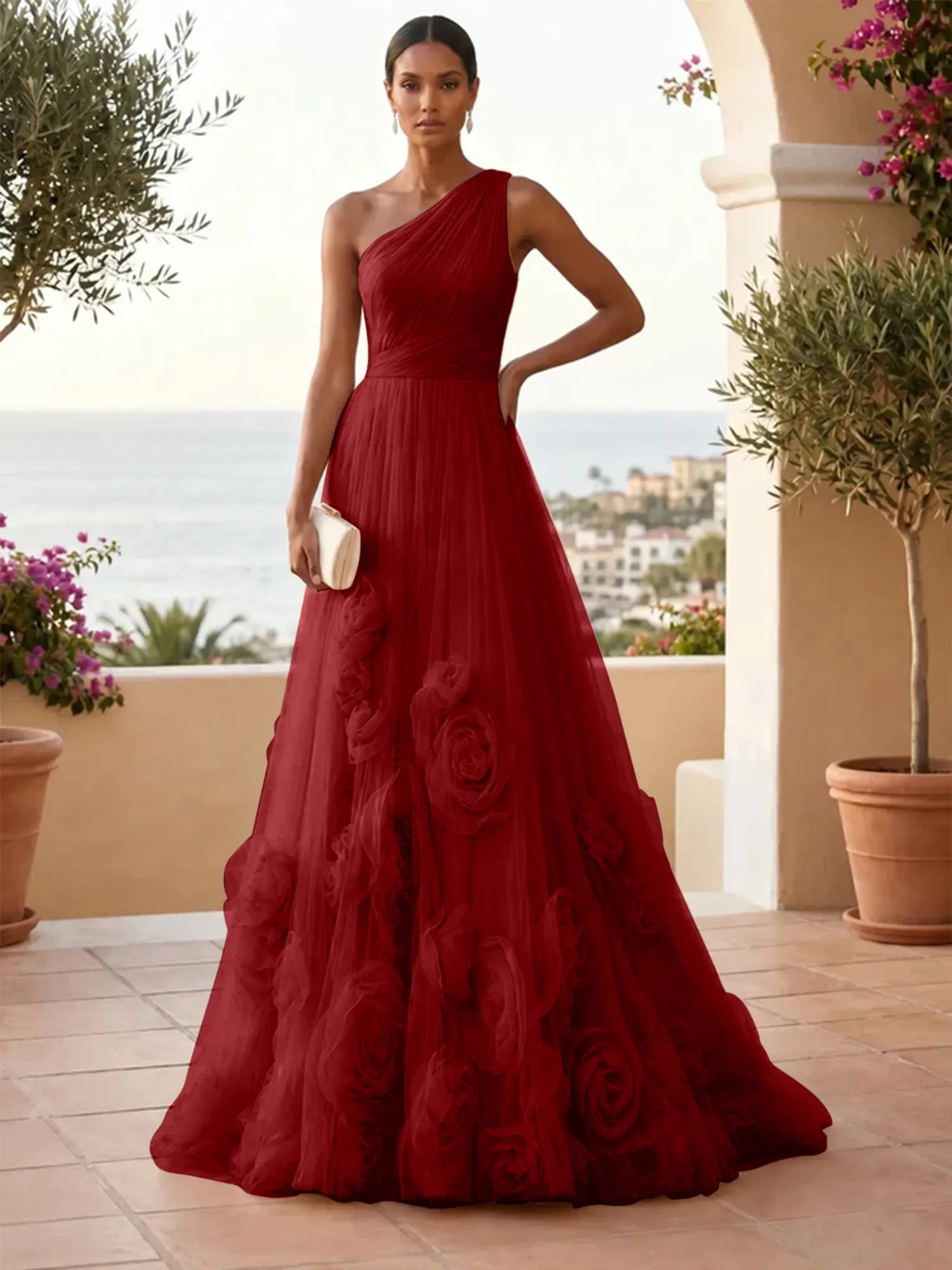 One-Shoulder Sweetheart Tulle Ball Gown with 3D Floral Accents Evening Dresses