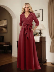 Classic V-Neck Bow Accented Satin Mother Of The Bride Dress With Lace
