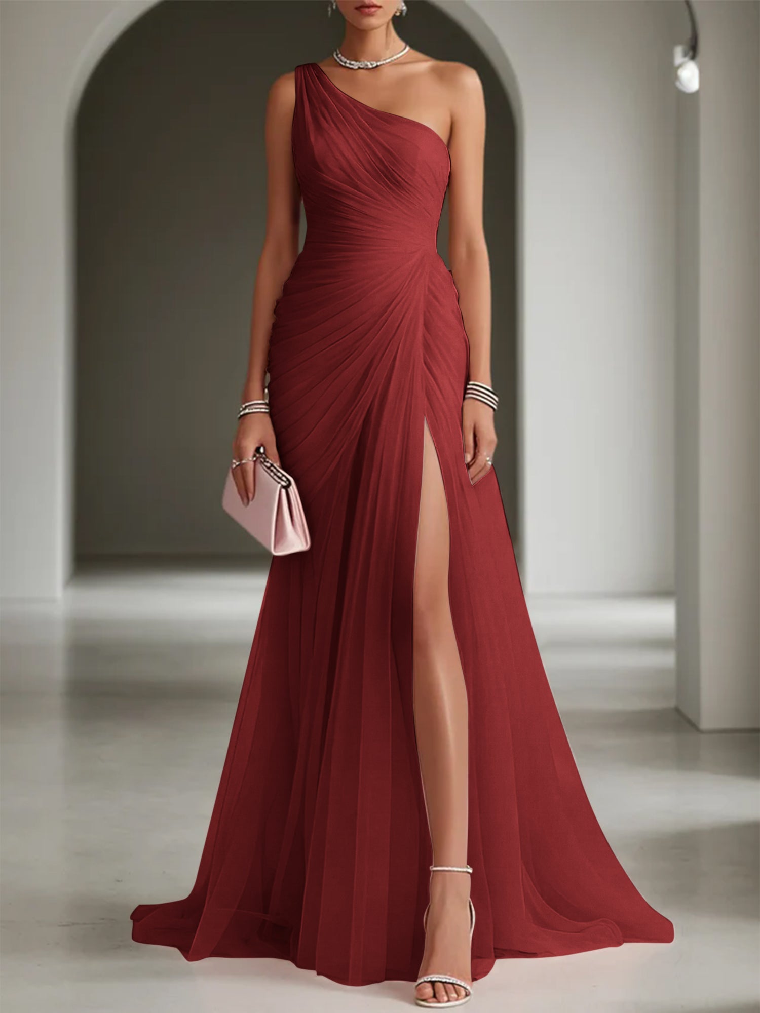 Pink Ruched Slit Tulle Strapless One Shoulder Sheath Gown Dress