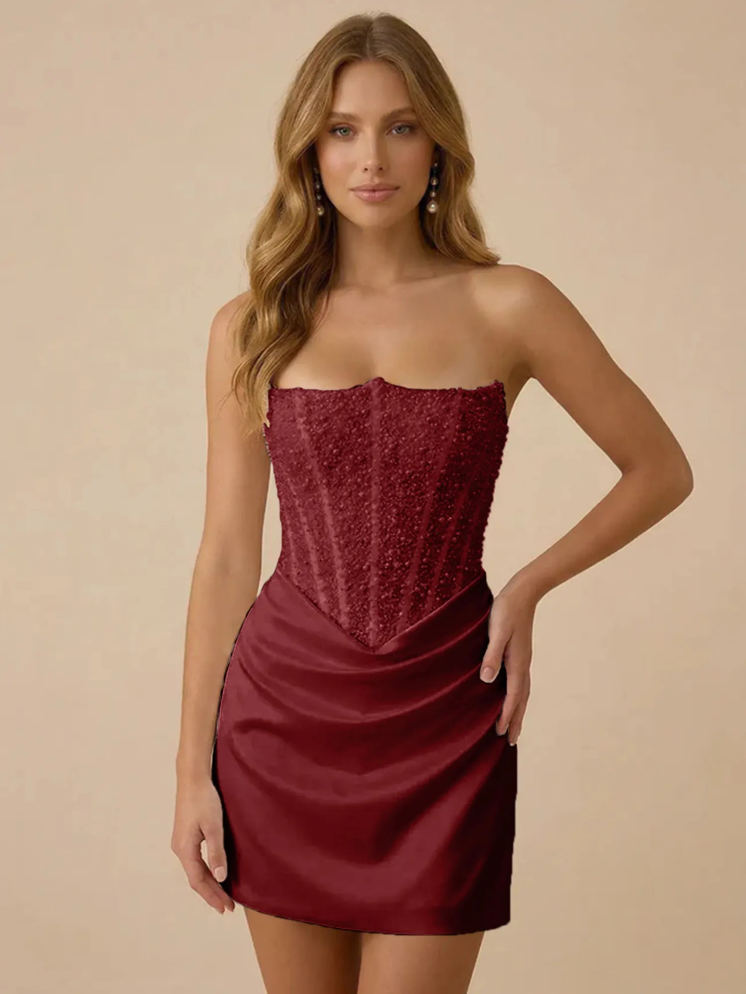 White Strapless Sequin Beaded Satin Short Homecoming Dress with Corset