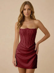 White Strapless Sequin Beaded Satin Short Homecoming Dress with Corset