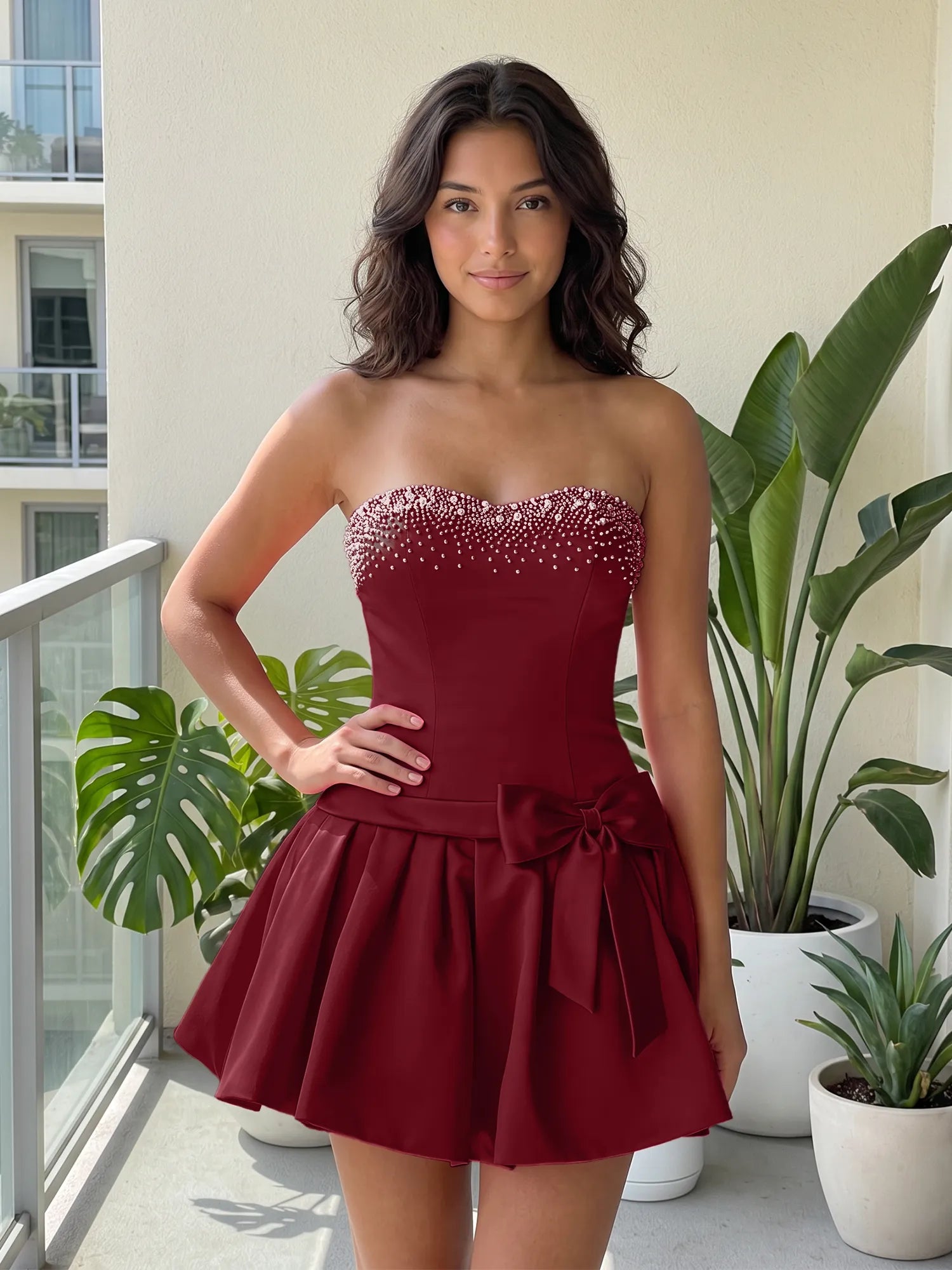Fuchsia Pearl Corset Short Homecoming Dresses Large Waist Bow Lace Up Back