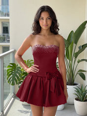 Fuchsia Pearl Corset Short Homecoming Dresses Large Waist Bow Lace Up Back