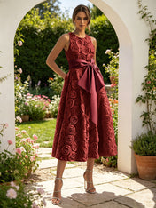 Pink 3D Floral Bow Crew Neck A-Line Midi Dress