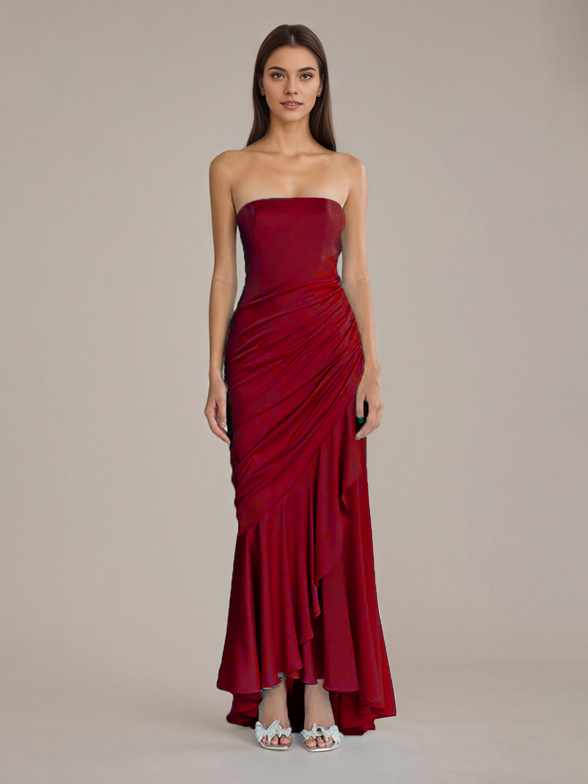 Column Satin Off The Shoulder Sleeveless Floor Length Dresses With Ruffles