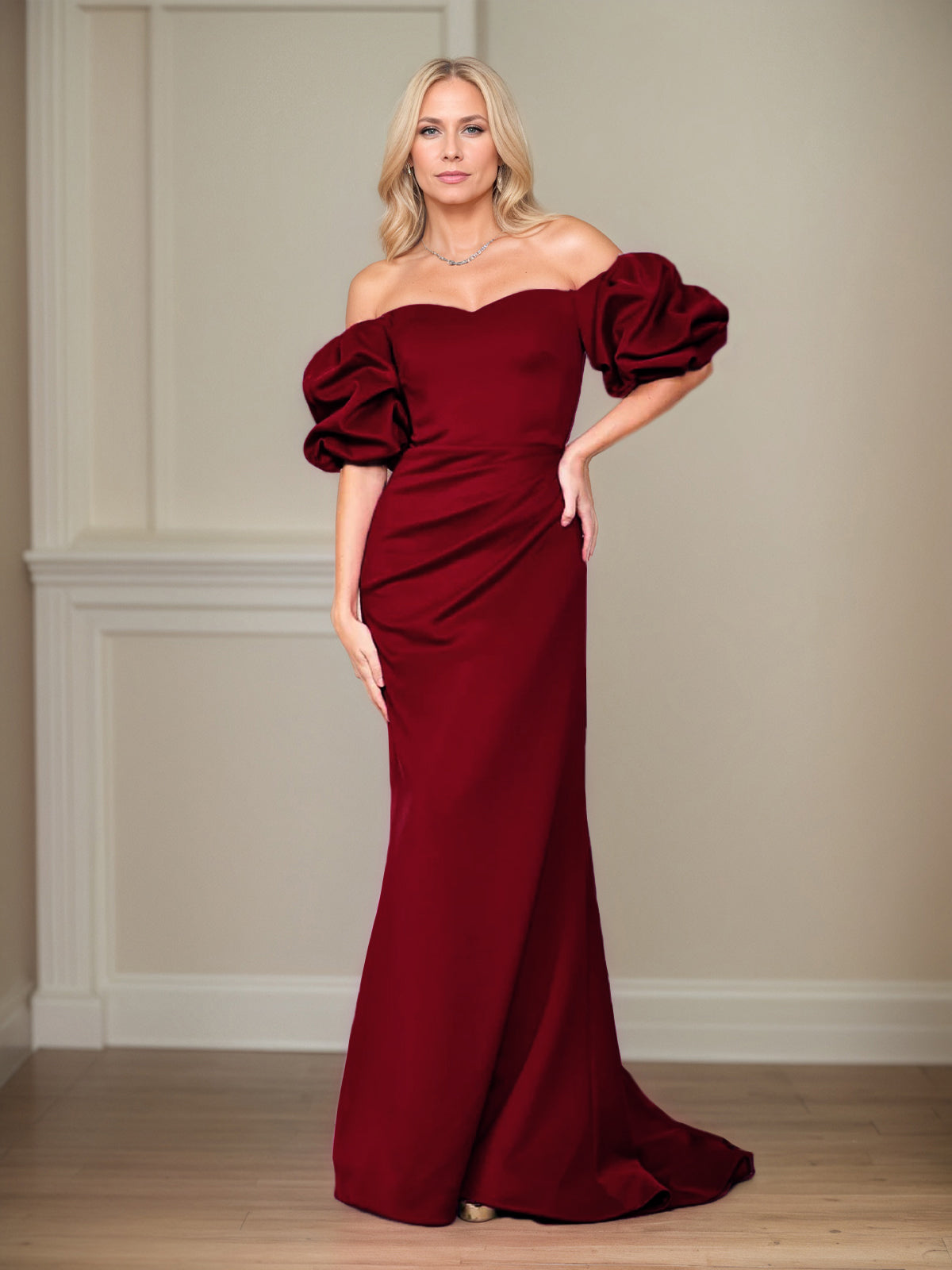 Column Off The Shoulder Puff Sleeves Floor Length Mother of the Bride Dresses
