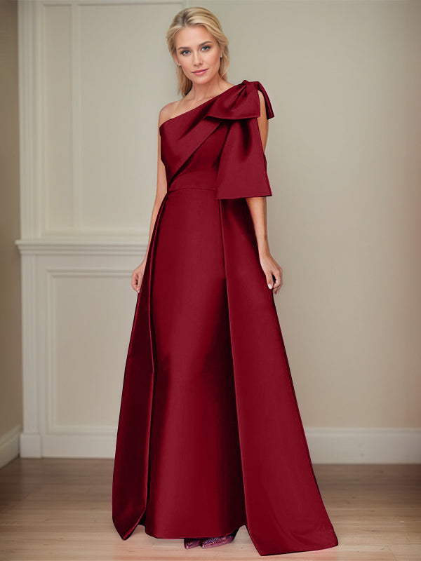 one shoulder mother of the bride dress with bow A-Line One-Shoulder Satin Long Mother Of The Bride Dresses With Bow(s)/Pockets