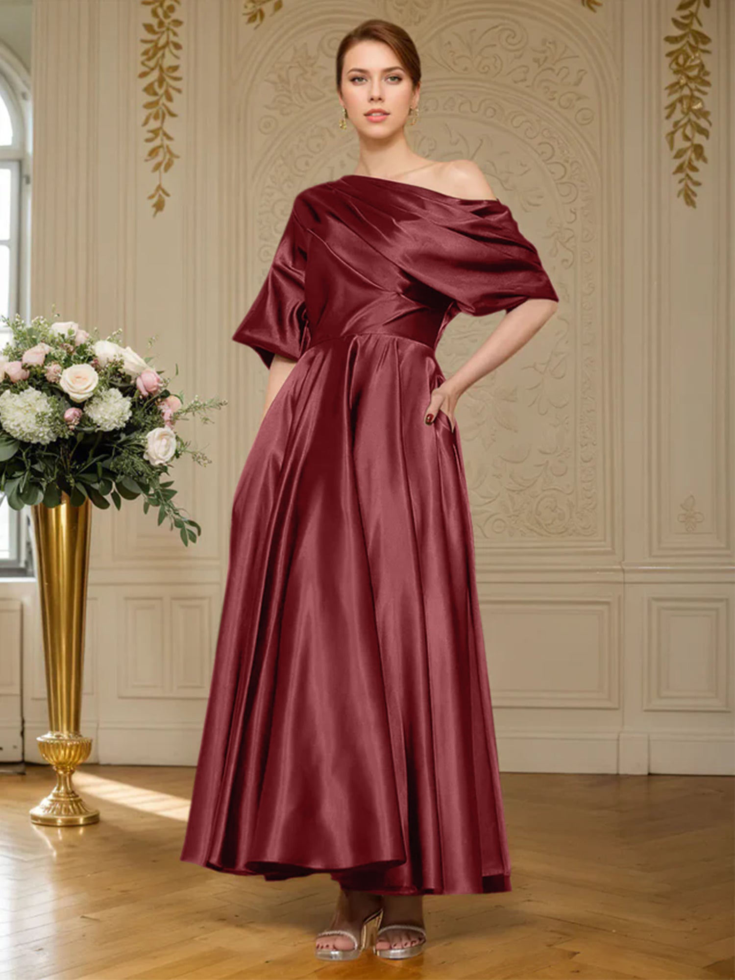A-line Short Sleeves Pleated Ankle-Length Silk like Satin Mother of the Bride Dress