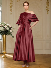 A-line Short Sleeves Pleated Ankle-Length Silk like Satin Mother of the Bride Dress