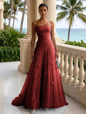 Light Blue Evening Dress with 3D Flower Strapless Pleat Maxi Dress