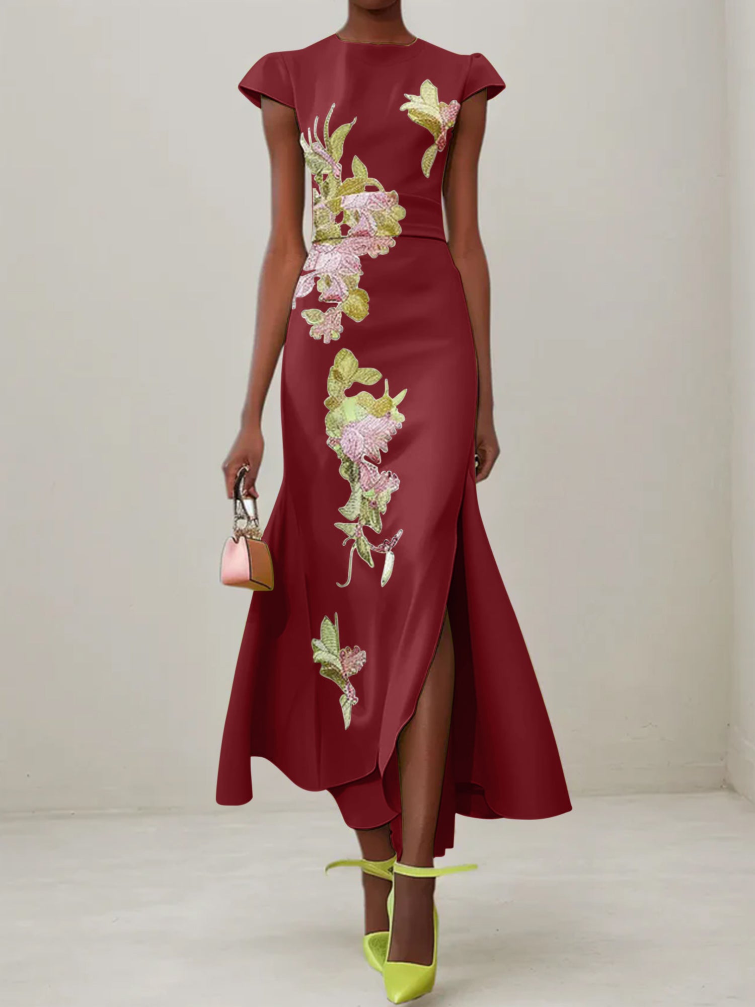 Green Floral Embroidered Cap Sleeve Slit Sheath Maxi Dress