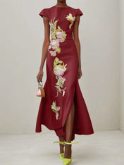 Green Floral Embroidered Cap Sleeve Slit Sheath Maxi Dress
