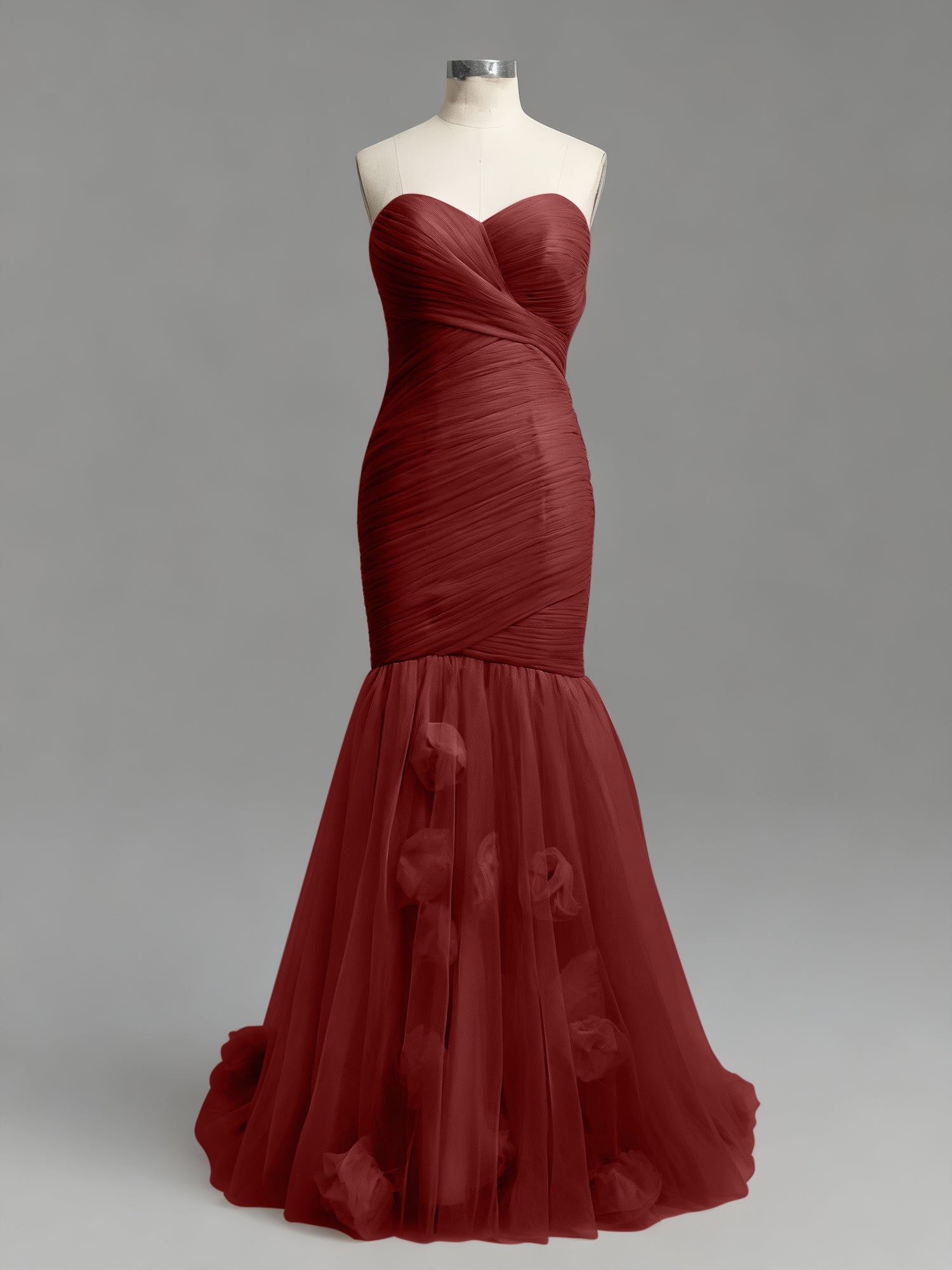 Dusty Rose Mermaid Strapless Ruched Tulle Prom Dress with 3D Floral