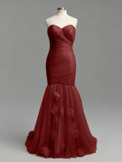 Dusty Rose Mermaid Strapless Ruched Tulle Prom Dress with 3D Floral