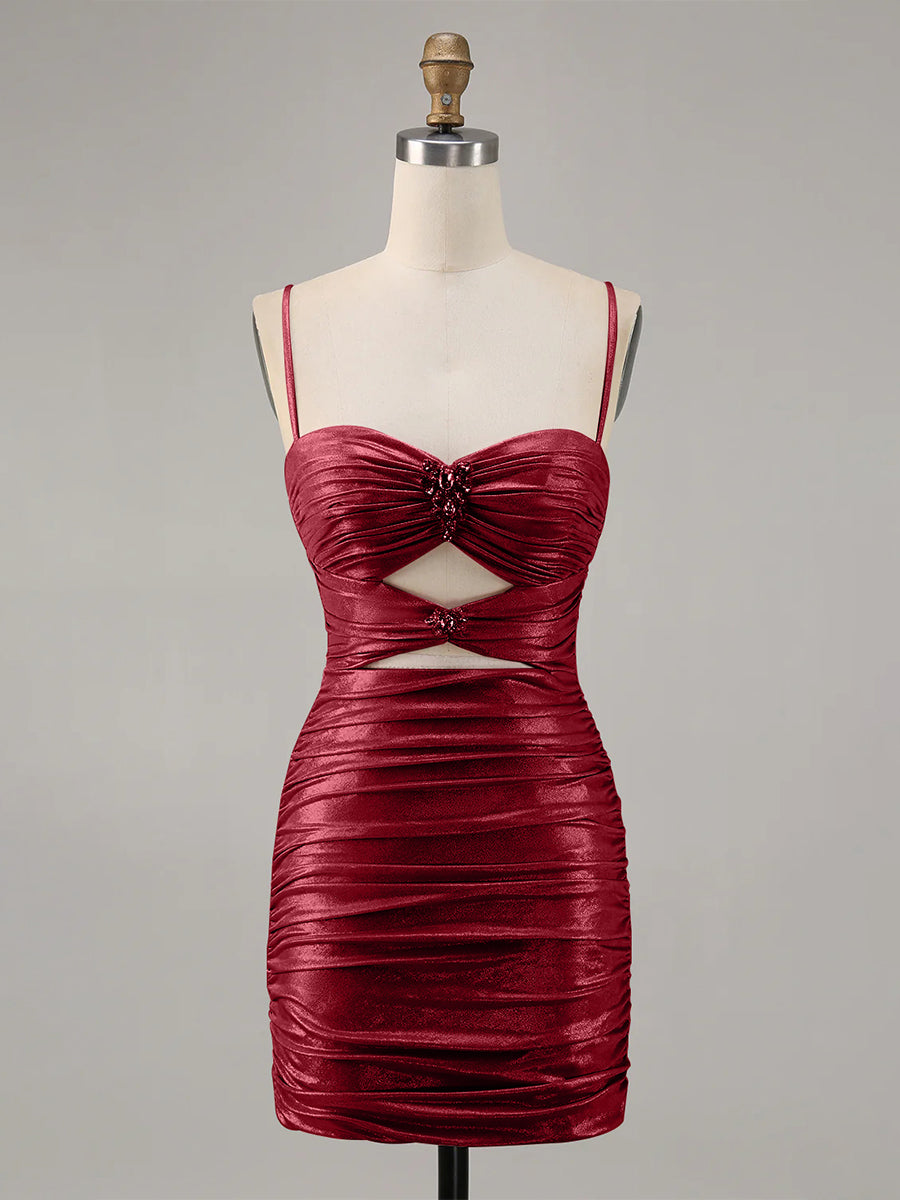 Champagne Bodycon Cut Out Ruched Beaded Homecoming Dress
