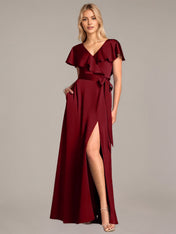 A Line Satin V Neck Short Sleeves Floor Length Dresses With Ruffles