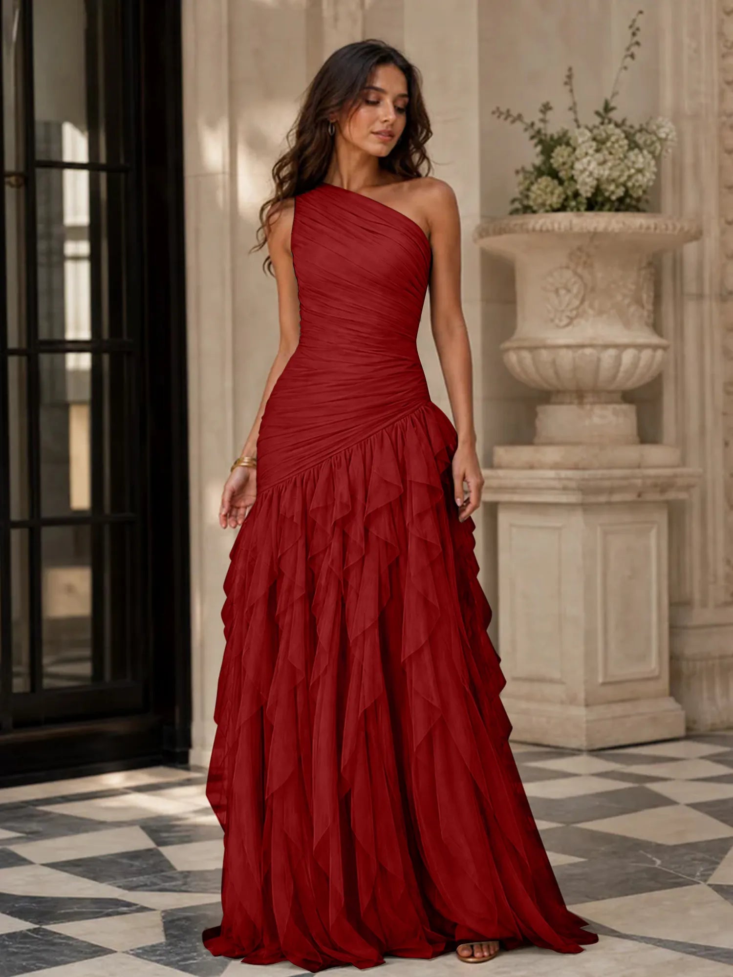 Emerald Green One-Shoulder Ruched Asymmetric Ruffle Chiffon Floor-Length Gown Dress