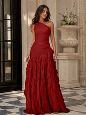 Emerald Green One-Shoulder Ruched Asymmetric Ruffle Chiffon Floor-Length Gown Dress