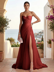 Strapless Sweetheart High Slit Tulle Pleat Prom Dress Evening Dresses