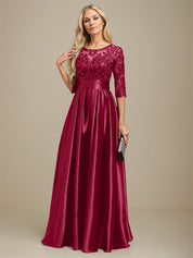 A-line Scoop Illusion Floor-Length Stretch Satin Lace Mother of the Bride Dress With Bow Sequins