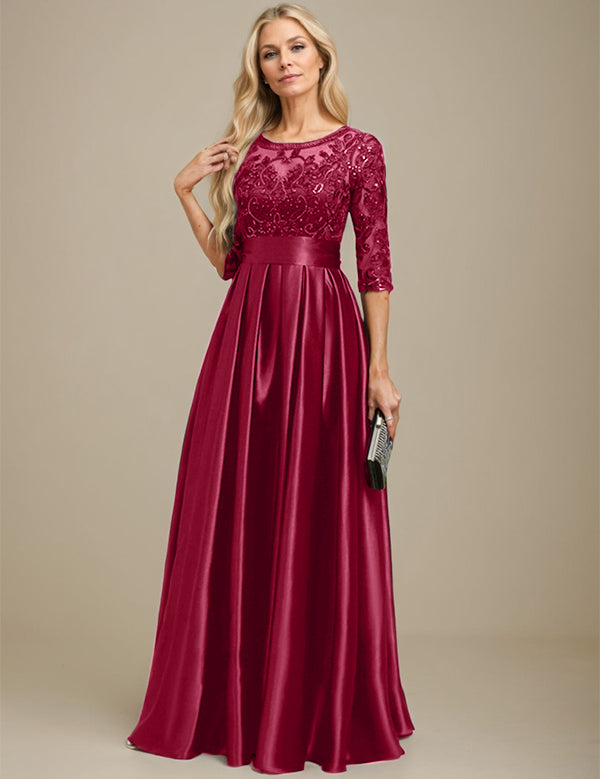 A-line Scoop Illusion Floor-Length Stretch Satin Lace Mother of the Bride Dress With Bow Sequins