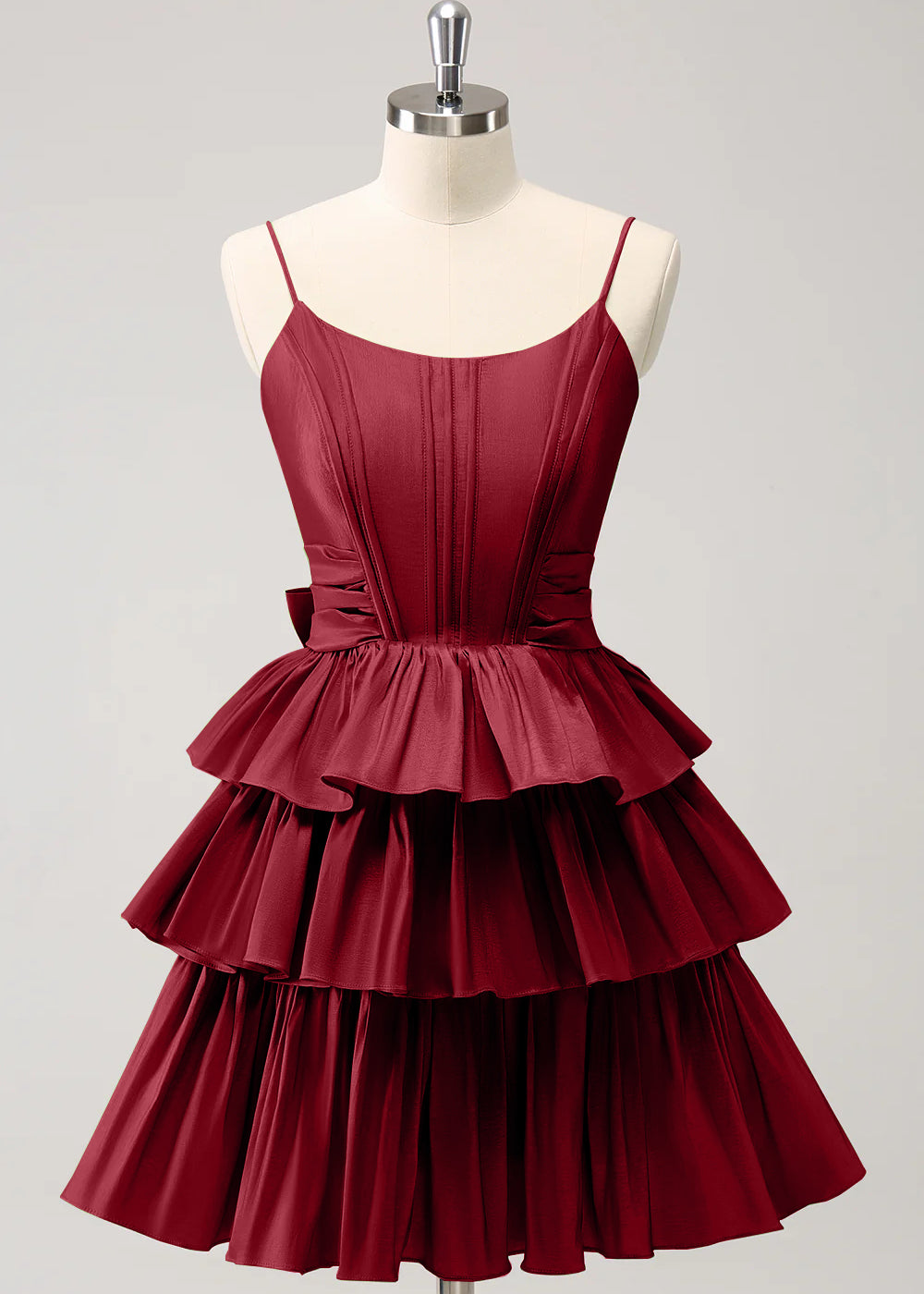 Hot Pink A Line Spaghetti Straps Corset Tiered Ruffle Homecoming Dress with Bow