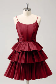 Hot Pink A Line Spaghetti Straps Corset Tiered Ruffle Homecoming Dress with Bow