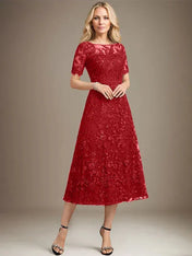 A-line Scoop Illusion Tea-Length Lace Mother of the Bride Dress With Sequins