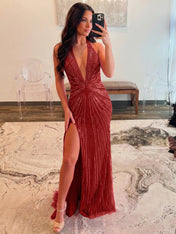 Hot Pink Starburst Beaded Halter Long Prom Dress with Slit