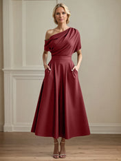 A Line Satin One Shoulder Pleated Ankle Length Mother of the Bride Dress