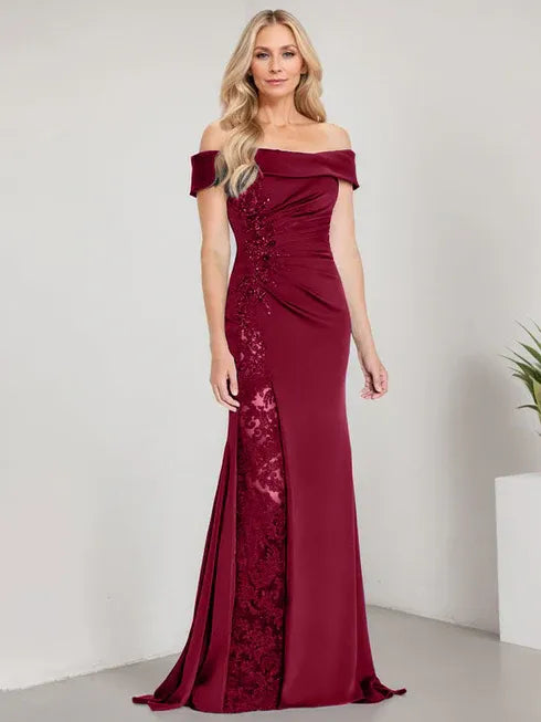 A-Line Off the Shoulder Floor-Length Mother of the Bride Dress Applique Beadings Mermaid Dress With  High Split