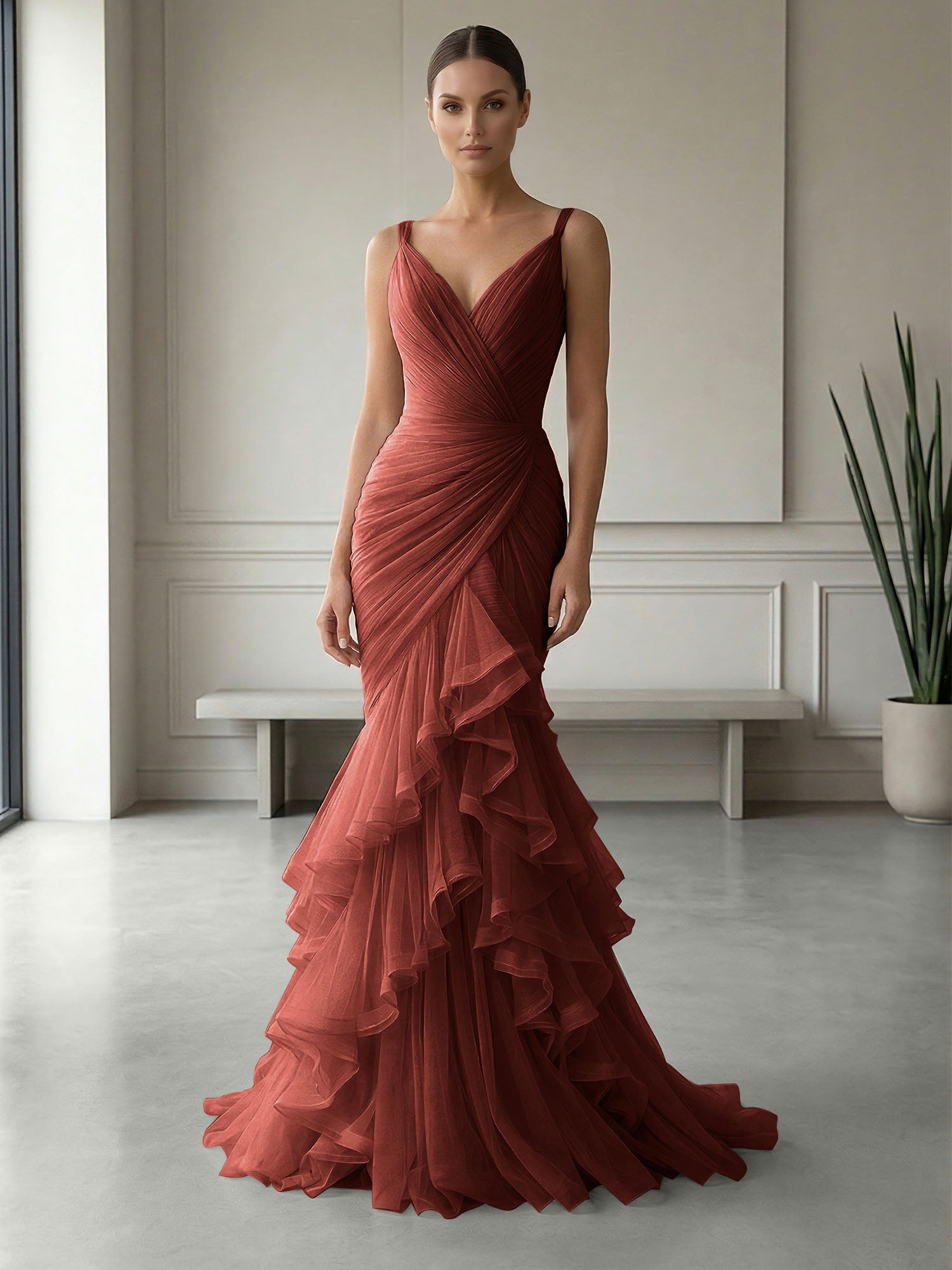 Mauve Folds Tulle Strapless Sleeveless Mermaid Gown Dress