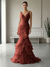 Mauve Folds Tulle Strapless Sleeveless Mermaid Gown Dress