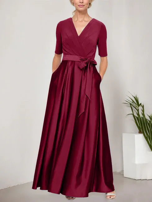 Surplice Neckline Ballgown with Full Satin Skirt & Jersey Bodice