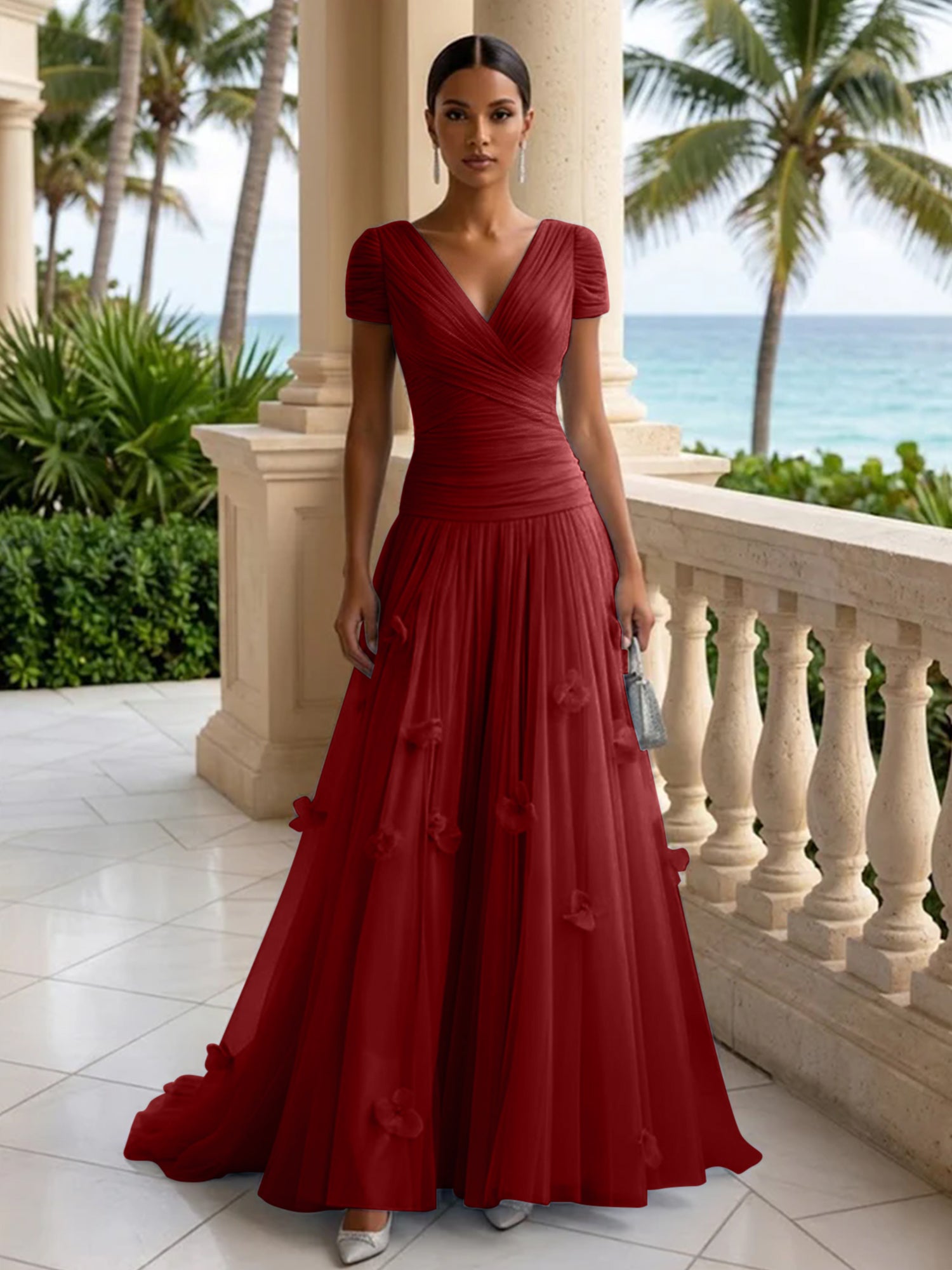 Light Blue Short-Sleeve Tulle Gown Evening Dress with 3D Flower V Neck Pleat Maxi Dress