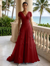 Light Blue Short-Sleeve Tulle Gown Evening Dress with 3D Flower V Neck Pleat Maxi Dress