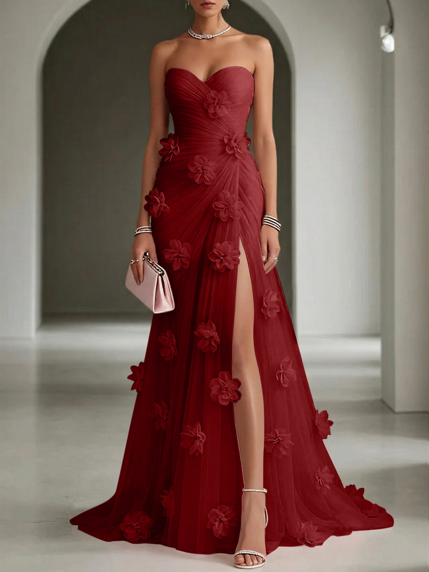 Ethereal Blush Slit 3D Floral Strapless Tulle Gown Dress