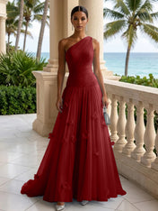 Light Blue Evening Dress with 3D Flower One Shoulder Pleat Maxi Dress