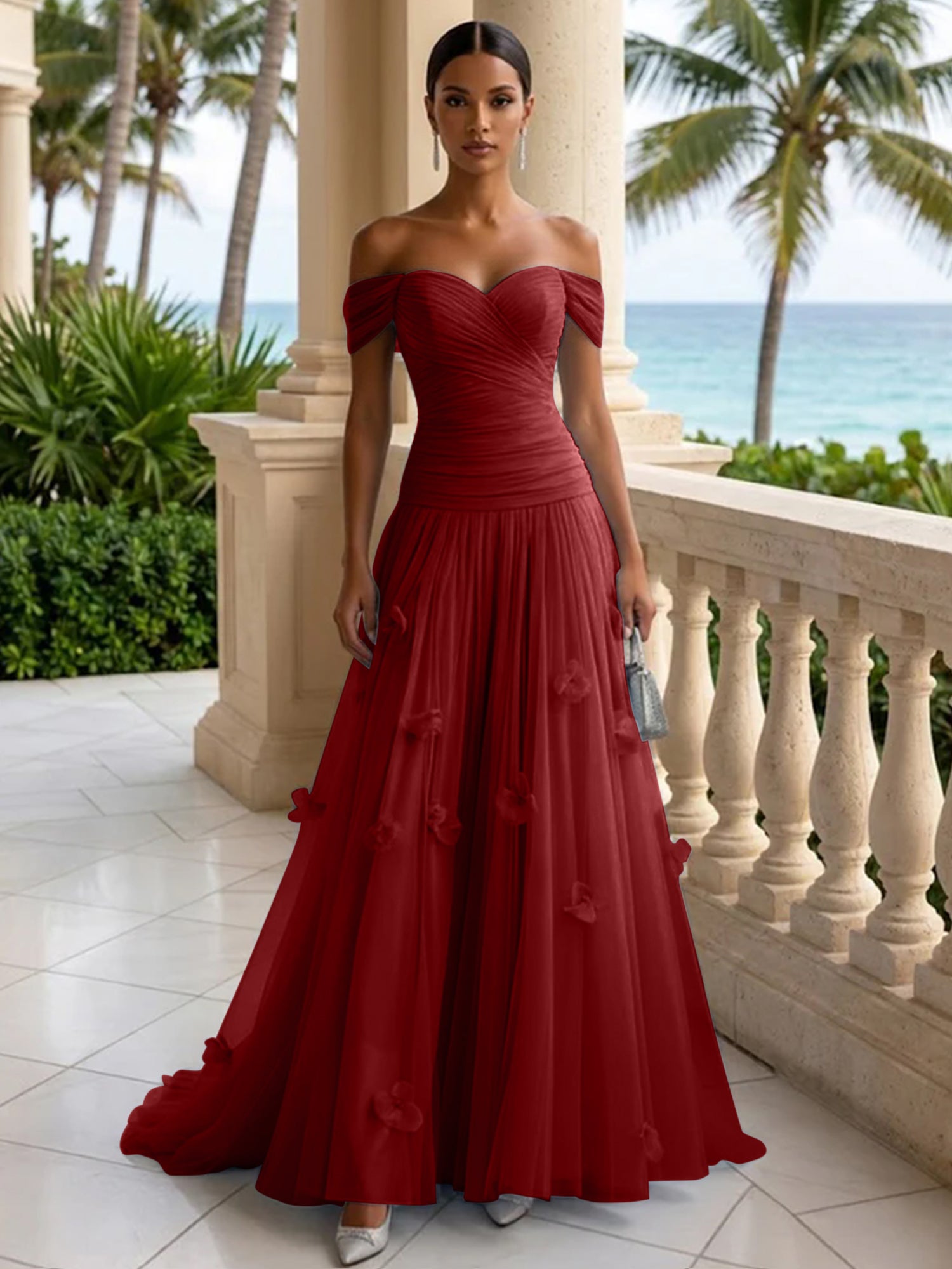 Light Blue Evening Dress with 3D Flower Off The Shoulder Pleat Maxi Dress