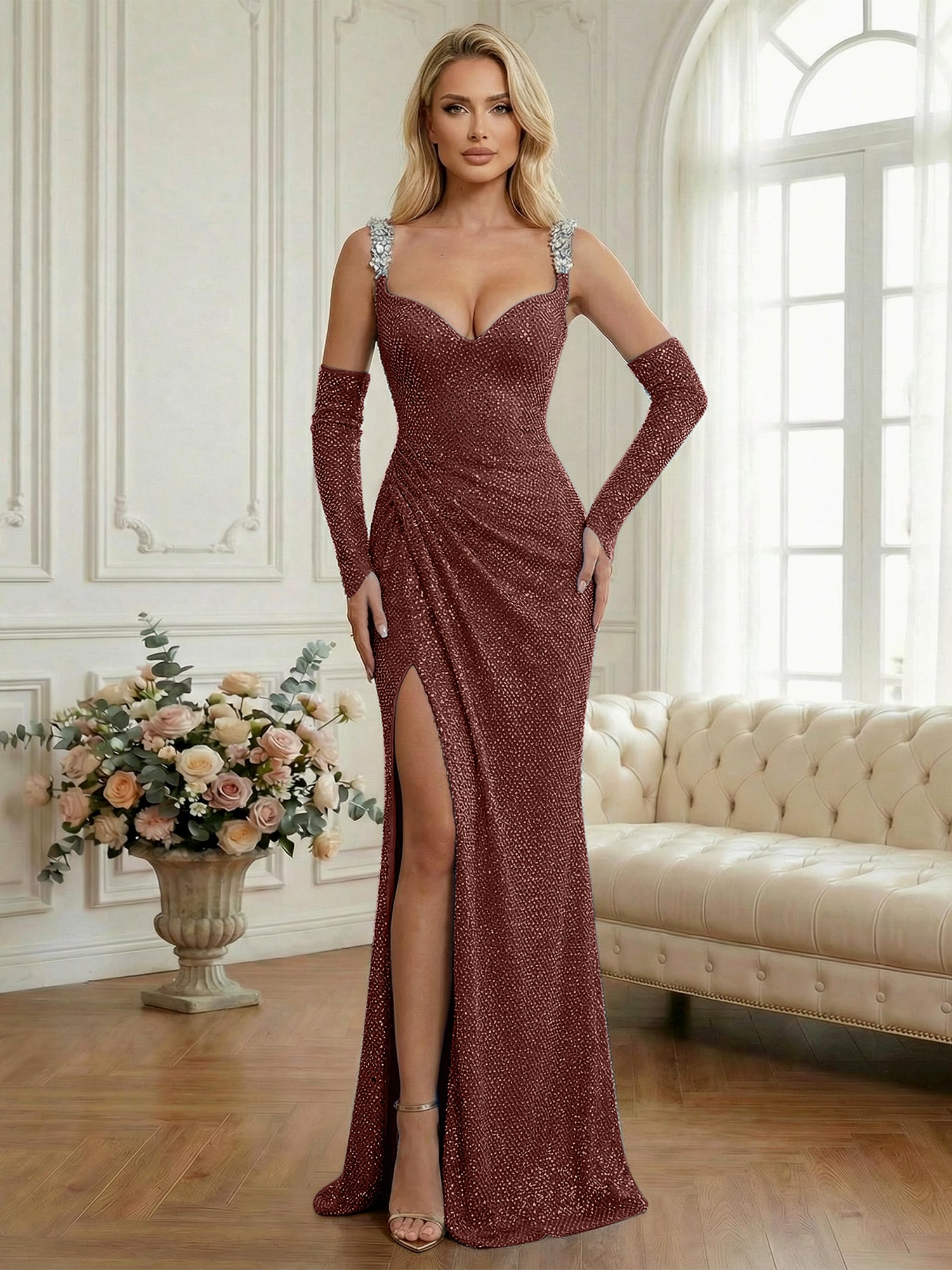 Light Blue Sequin Mermaid Matching Opera Gloves Long Prom Dress with Slit