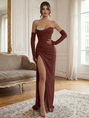 Blue Beaded Corset Long Prom Dress with Matching Gloves